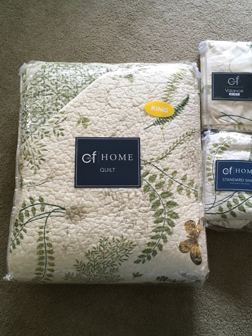 C&F Home Althea pattern King quilt, shams, and window valances.